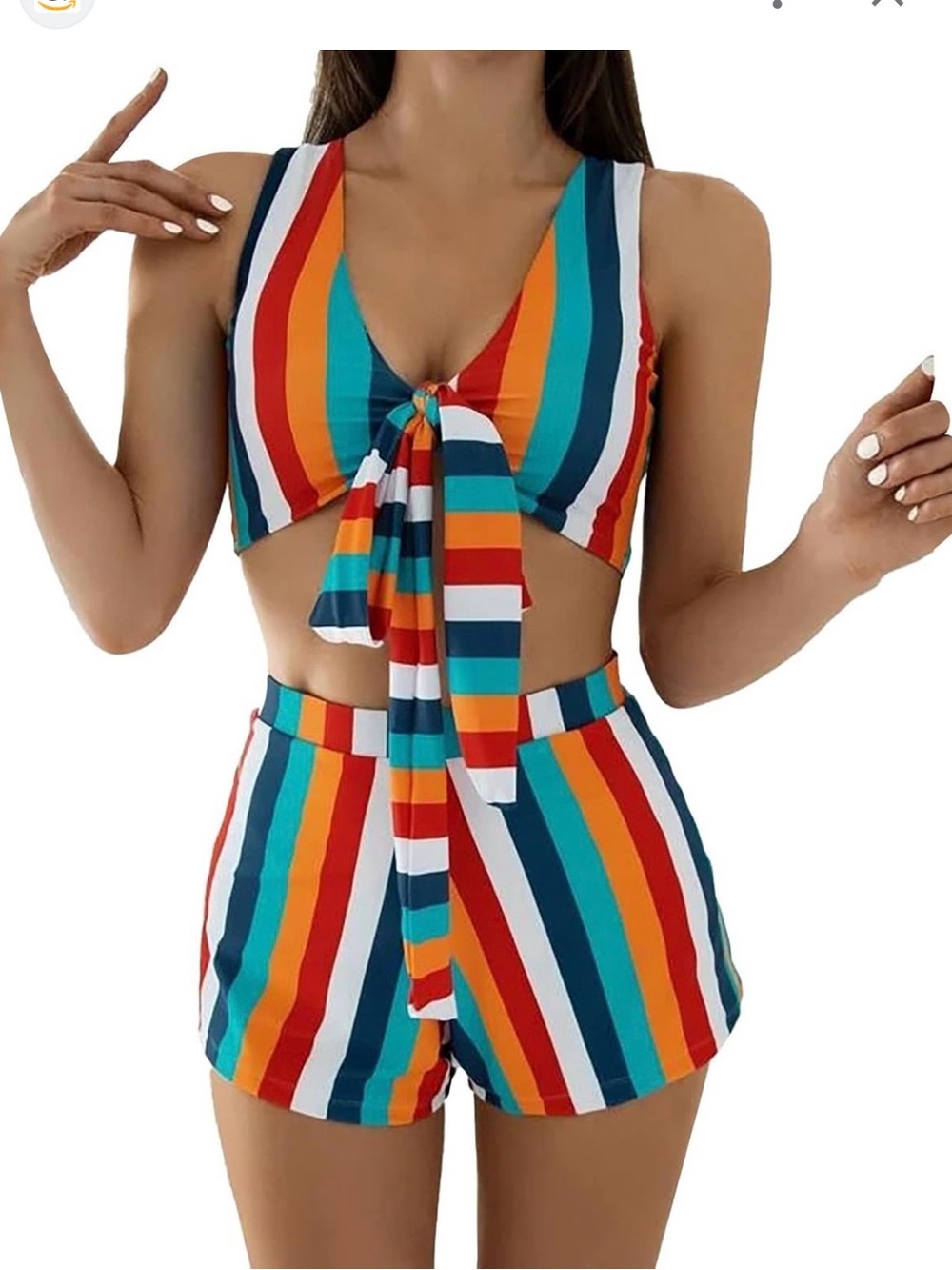 Swimwear: Striped Tie-Front Crop Top & High-Waist Shorts Set - Multi